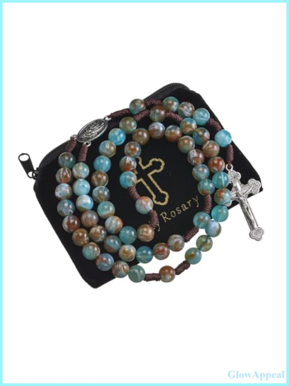 Wooden Bead Rosary Necklace Braided Cross Holy Mary Medal 23.6 in